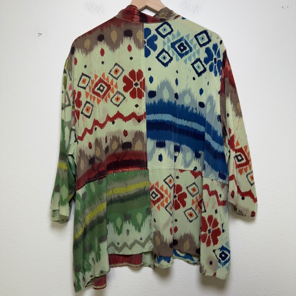 URU Women 100% SILK Button Down Top XL Ikat Abstract Patchwork Artsy Lagenlook - Picture 7 of 8